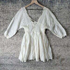 Free People FP One Dress Womens Medium White Eyelet Boho Lace Up Smocked‎ Waist